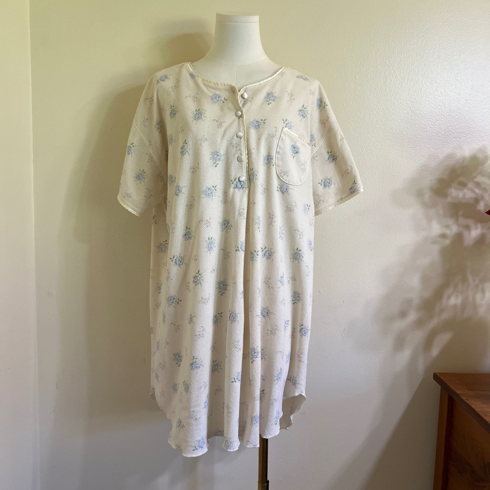 Aria Vintage Floral Waffle Knit Nightgown 1X Cream Blue Short Sleeve Sleep Shirt